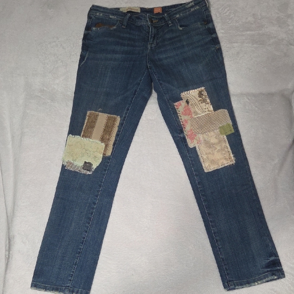 Pilcro and the Letterpress Blue Straight Leg Jeans with Patchwork